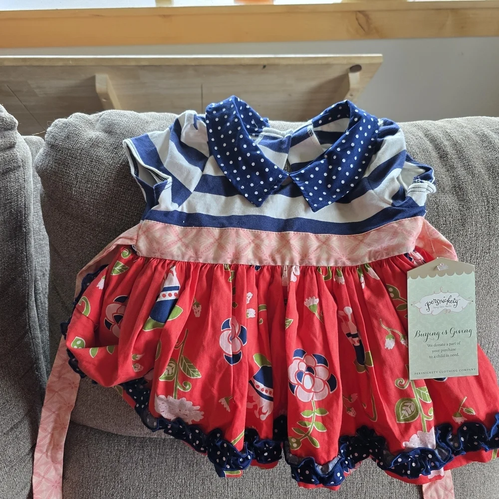 Persnickety Coral and Blue Floral Baby Dress